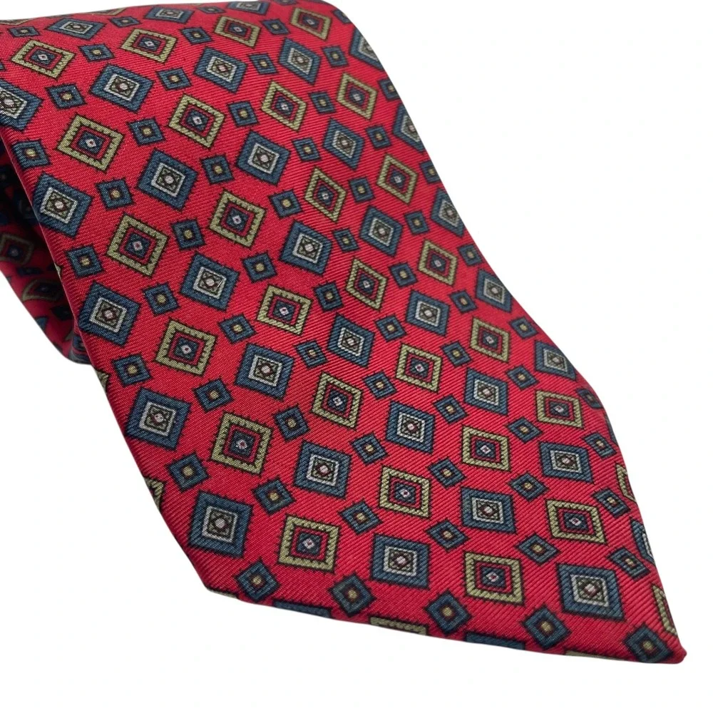 Vintage‎ Liberty Of London 100% Silk Tie Deep Red Geometric Diamonds Classic